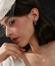 Retro Royal Blue Sterling Silver Overgild Enamel Resin Hoop Earrings