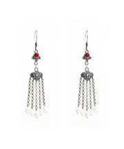 Retro Silk Sterling Silver Agate Pearl Tassel Drop Earrings