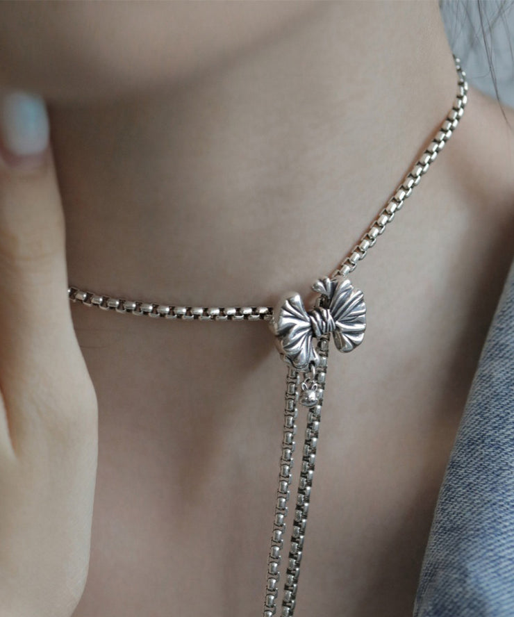 Retro Silk Sterling Silver Bow Tassel Pendant Necklace