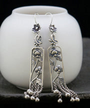 Retro Silk Sterling Silver Hollow Out Peony Tassel Drop Earrings