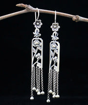 Retro Silk Sterling Silver Hollow Out Peony Tassel Drop Earrings