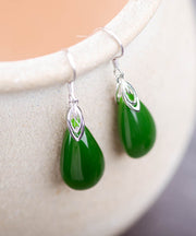 Retro Silk Sterling Silver Inlaid Jade Water Drops Drop Earrings