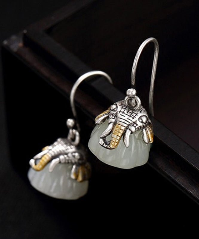 Retro Silk Sterling Silver Jade Little Elephant Drop Earrings