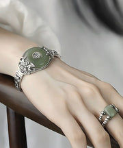 Retro Silk Sterling Silver Jade Peony Ping Buckle Bangle