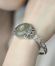 Retro Silk Sterling Silver Jade Peony Ping Buckle Bangle