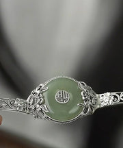 Retro Silk Sterling Silver Jade Peony Ping Buckle Bangle