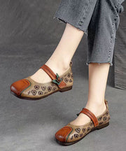 Retro Splicing Buckle Strap Flats Khaki Cowhide Leather Hollow Out