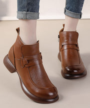 Retro Splicing Chunky Boots Brown Warm Fleece Cowhide Leather