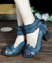 Retro Splicing Chunky Sandals Blue Cowhide Leather Peep Toe