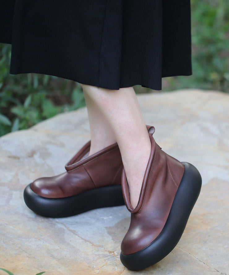 Retro Splicing Platform Ankle Boots Coffee Cowhide Leather