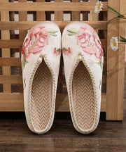 Retro Splicing Slide Sandals White Cotton Fabric Embroideried Nail Bead