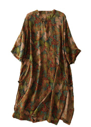 Retro Stand Collar Button Print Linen Dress Summer