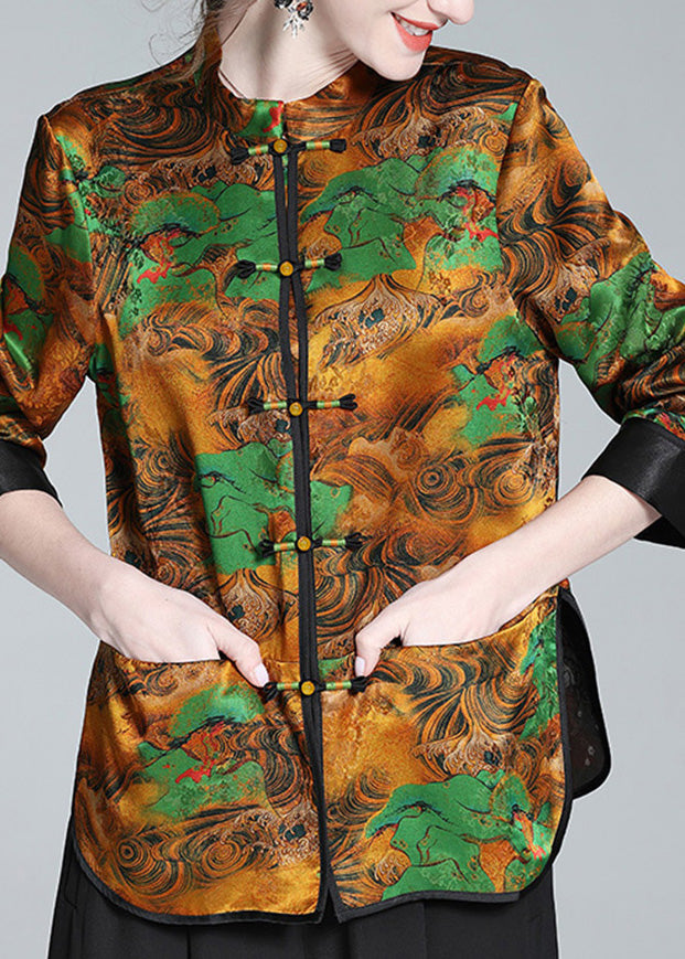 Retro Stand Collar Print Button Side Open Silk Shirt Long Sleeve