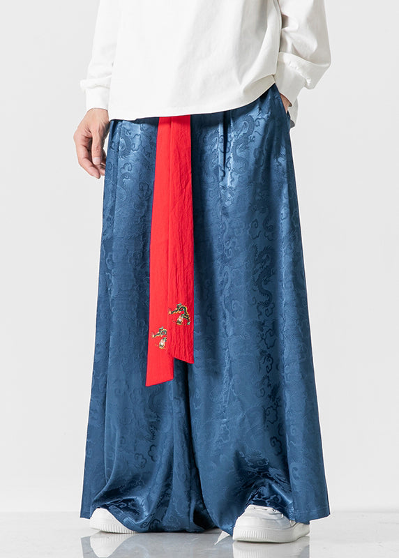 Retro Style Loose Royal Blue Wide Leg Skirt Pants For Men&