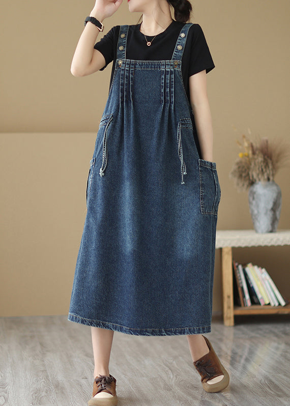 Retro Summer New Blue Pockets Drawstring Denim Strap Dresses