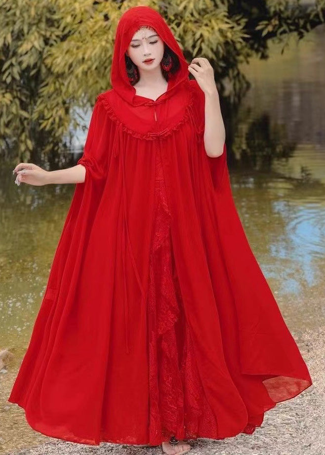 Retro Vacation Style Chiffon Hooded Red Cape And Dress Two-Piece Set