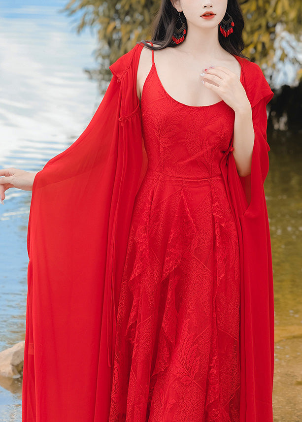 Retro Vacation Style Chiffon Hooded Red Cape And Dress Two-Piece Set