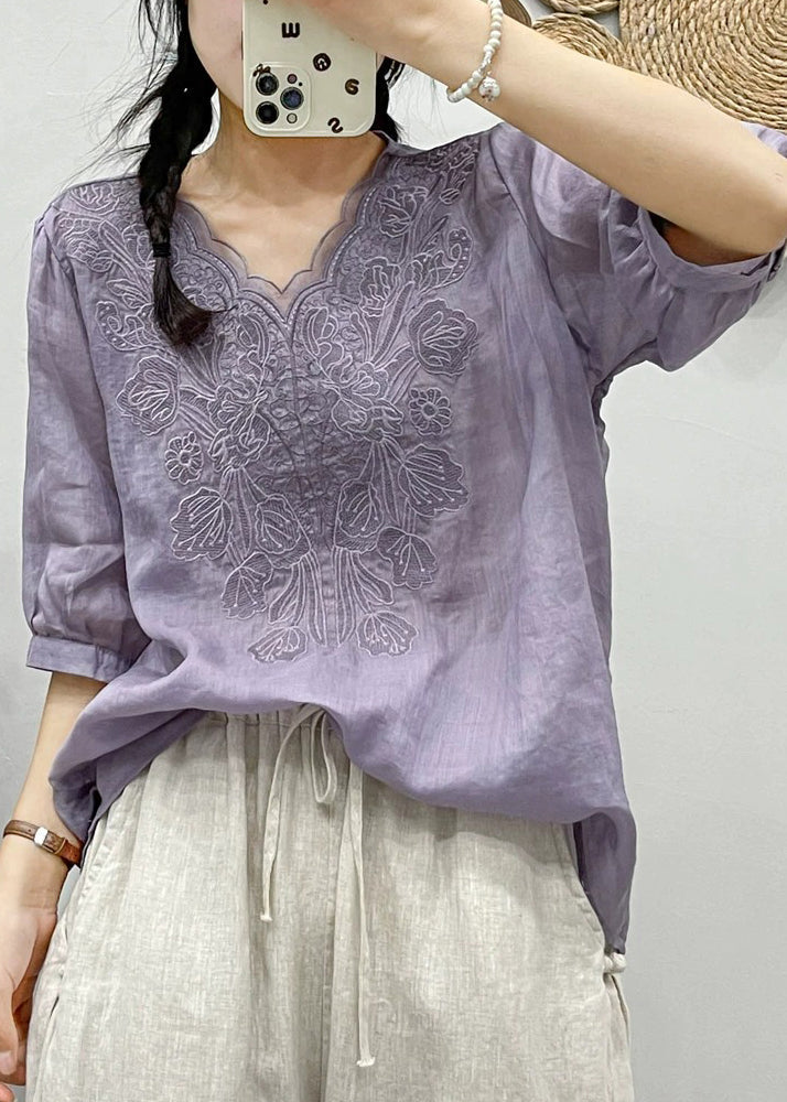 Retro White Embroidered Floral Tulle Patchwork Ramie T Shirt Summer