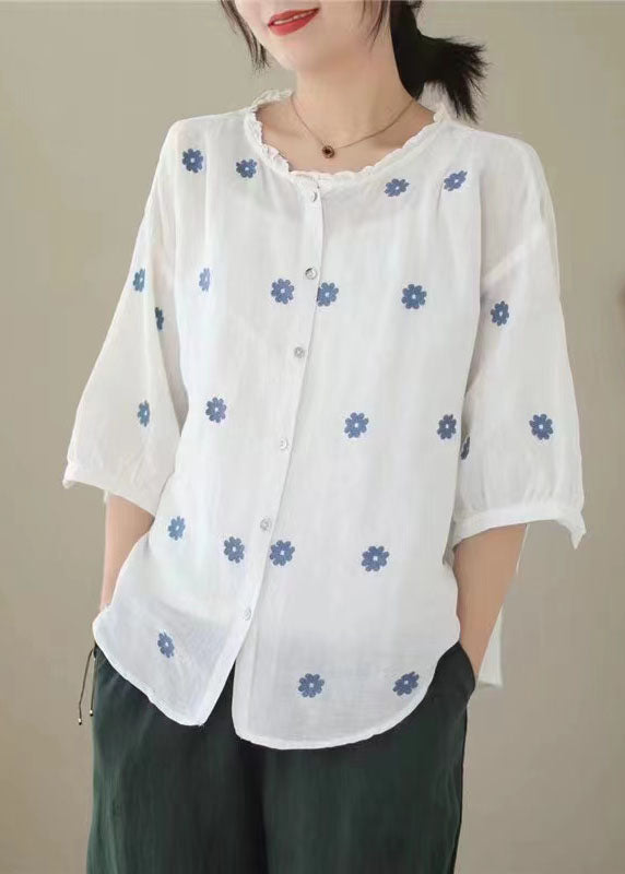 Retro White Embroideried Patchwork Linen Shirt Tops Summer