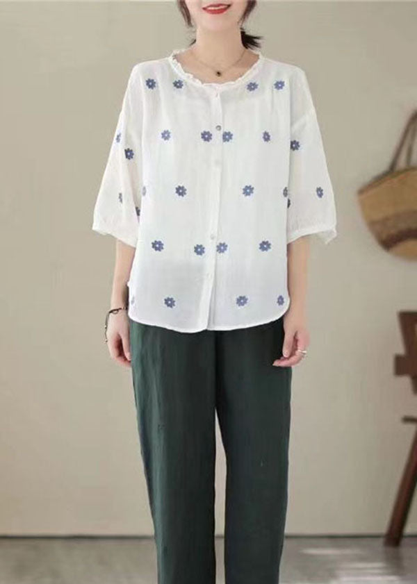 Retro White Embroideried Patchwork Linen Shirt Tops Summer