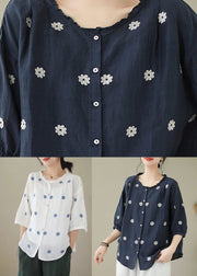 Retro White Embroideried Patchwork Linen Shirt Tops Summer