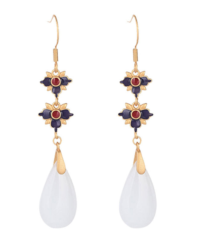 Retro White Floral Gold Plated Bowlder Drop Earrings