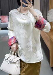 Retro White O Neck Jacquard Silk Blouses Long Sleeve