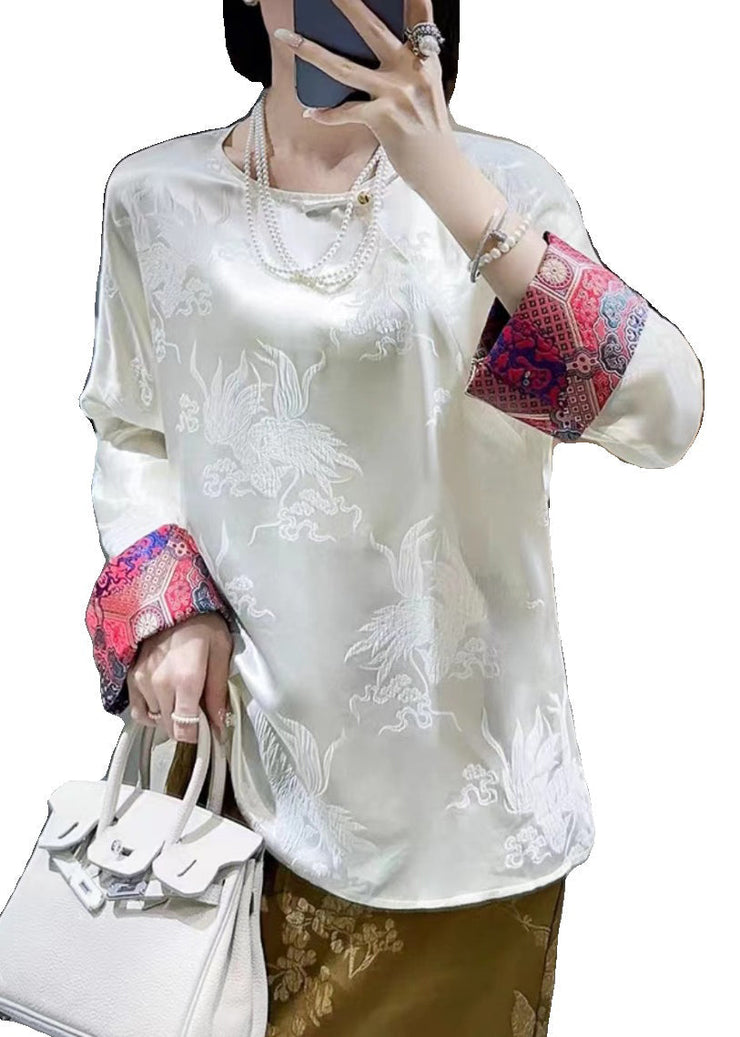 Retro White O Neck Jacquard Silk Blouses Long Sleeve