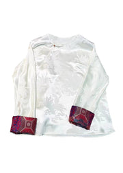 Retro White O Neck Jacquard Silk Blouses Long Sleeve