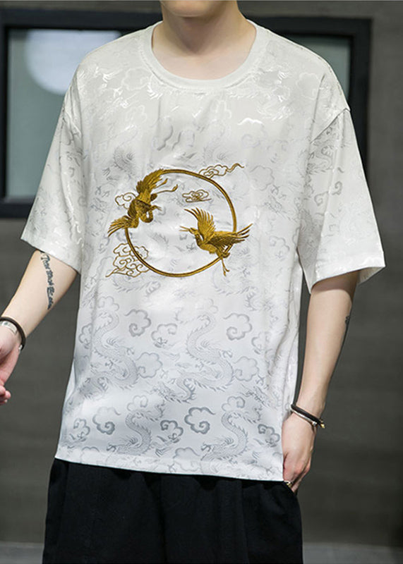Retro White O-Neck Oriental Embroideried Ice Silk Mens T Shirts Summer