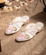 Retro White Slippers Shoes Warm Fleece Splicing Chunky Embroidery