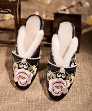 Retro White Slippers Shoes Warm Fleece Splicing Chunky Embroidery