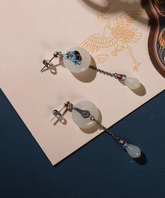 Retro White Sterling Silver Cloisonne Pearl Drop Earrings