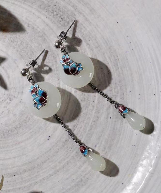 Retro White Sterling Silver Cloisonne Pearl Drop Earrings