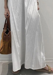 Retro White V Neck Solid Cozy Cotton Maxi Dress Long Sleeve