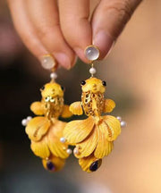 Retro Yellow Ancient Dharma Gold Pearl Enamel Crystal Hollow Out Brocaded Carp Drop Earrings