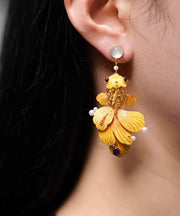 Retro Yellow Ancient Dharma Gold Pearl Enamel Crystal Hollow Out Brocaded Carp Drop Earrings