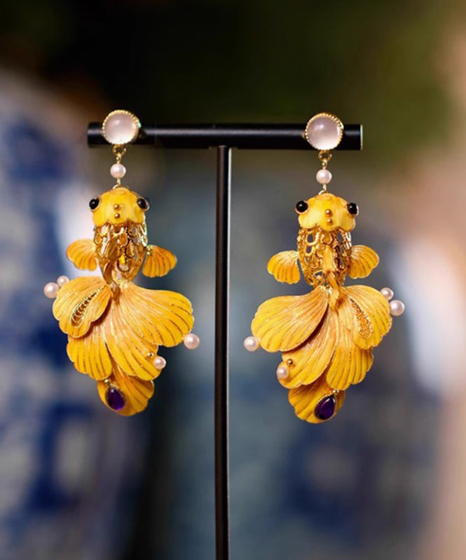 Retro Yellow Ancient Dharma Gold Pearl Enamel Crystal Hollow Out Brocaded Carp Drop Earrings