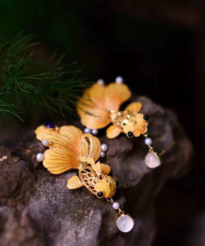 Retro Yellow Ancient Dharma Gold Pearl Enamel Crystal Hollow Out Brocaded Carp Drop Earrings