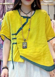 Retro Yellow Chinese Button Asymmetrical Patchwork Linen Tops Summer