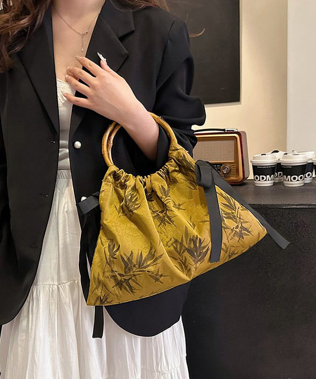 Retro Yellow Cinched Embroideried Silk Tote Handbag