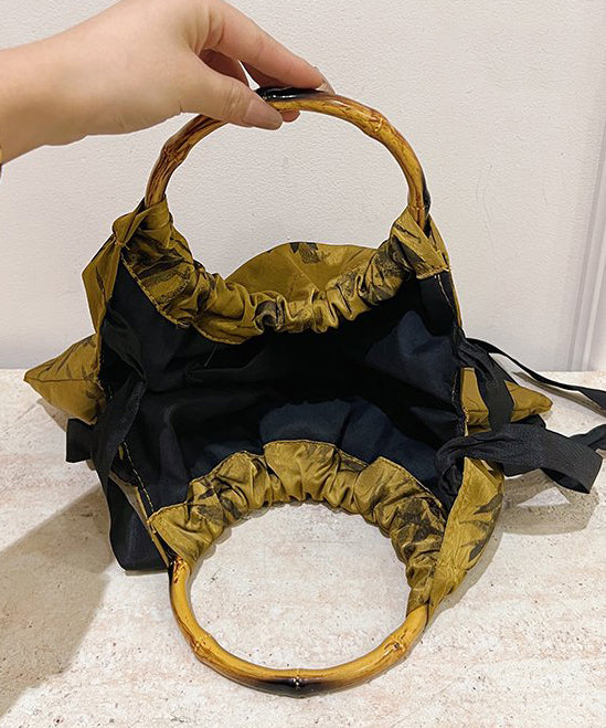 Retro Yellow Cinched Embroideried Silk Tote Handbag
