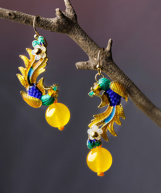 Retro Yellow Gold Plated Phoenix Cloisonne Jade Drop Earrings