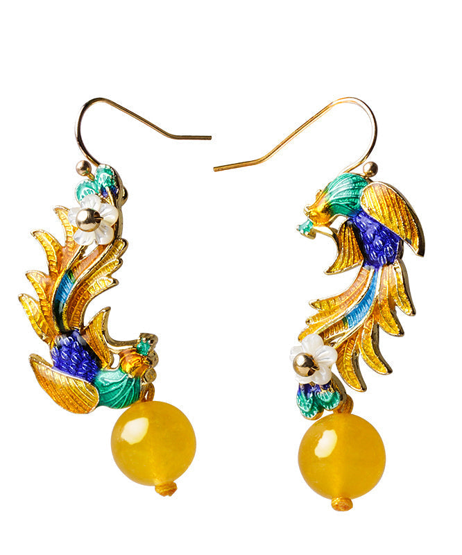 Retro Yellow Gold Plated Phoenix Cloisonne Jade Drop Earrings