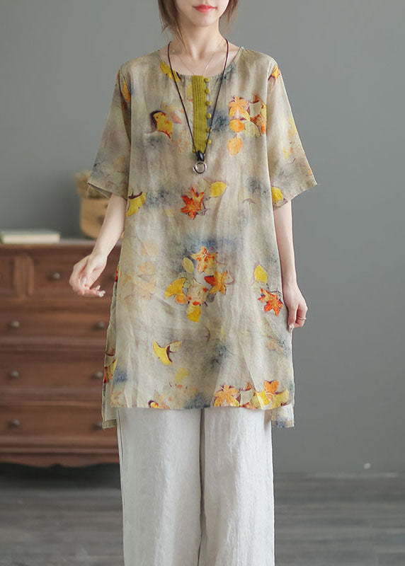 Retro Yellow O Neck Print Button Patchwork Linen Shirt Summer