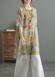 Retro Yellow O Neck Print Button Patchwork Linen Shirt Summer