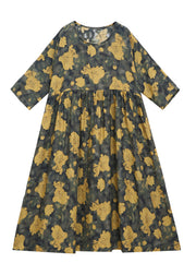 Retro Yellow O-Neck Print Wrinkled Maxi Dress Long Sleeve