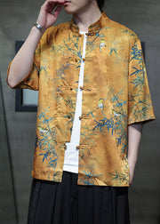 Retro Yellow Print Chinese Button Ice Silk Men Shirts Summer