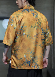 Retro Yellow Print Chinese Button Ice Silk Men Shirts Summer