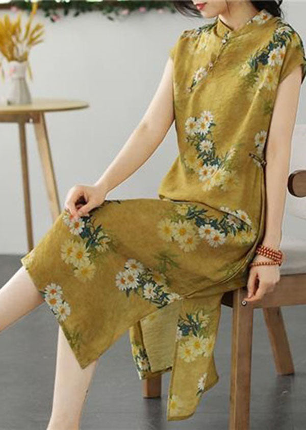 Retro Yellow Stand Collar Button Patchwork Linen Dresses Summer